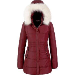 Women's Snow Puffer Jacket Coats Burgundy Waterproof Removable Faux Trim Hood